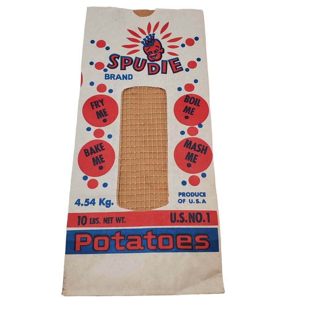 NOS Vtg 1950’S Spudie Potato Sack 10 lbs Paper Bag Advertising USA Printed